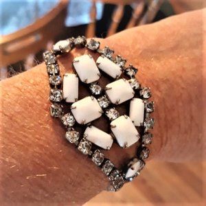 Vintage White Milk Glass and Rhinestone Bracelet